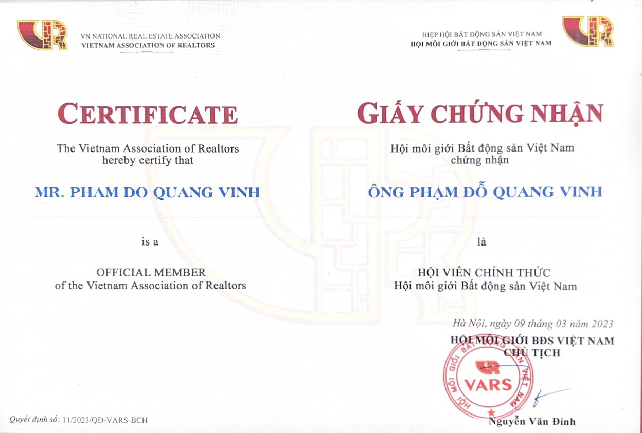 Giấy chứng nhận ông Phạm Đỗ Quang Vinh là Hội Viên Chính Thức Hội Môi Giới Bất Động Sản Việt Nam
